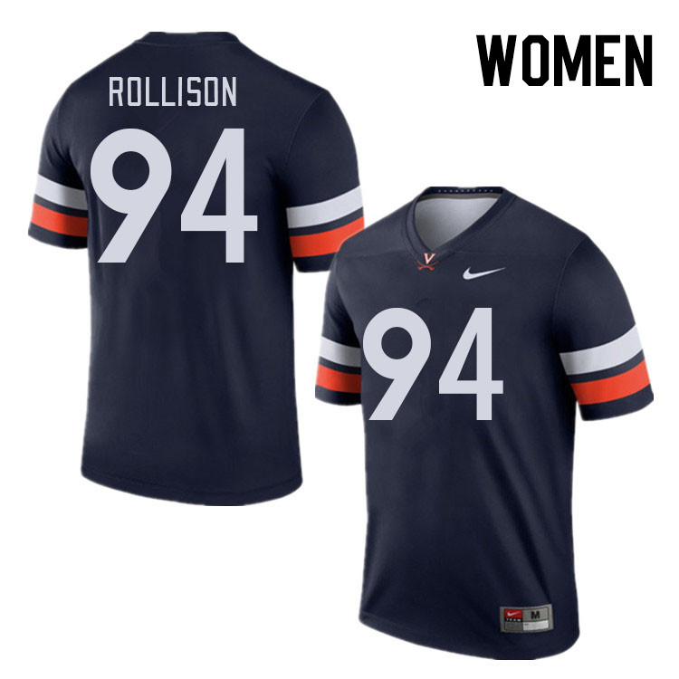 Women #94 Hayden Rollison Virginia Cavaliers College Football Jerseys Stitched Sale-Navy - Click Image to Close
